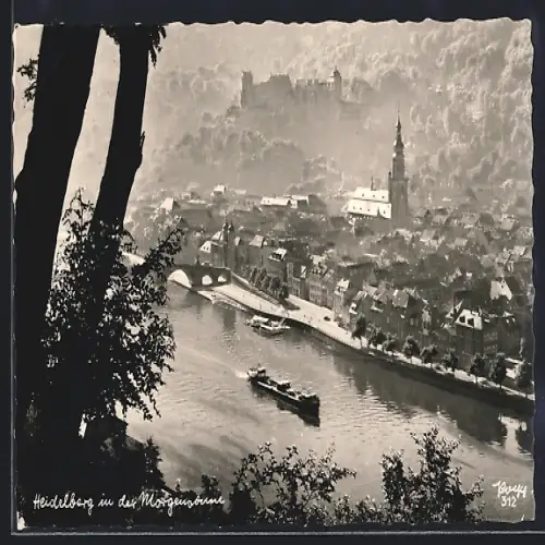AK Heidelberg, Schloss, Alte Brücke, Neckar im Morgennebel