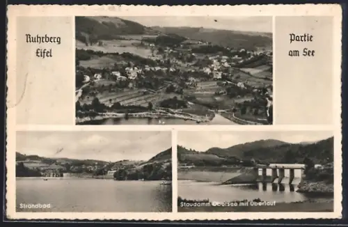AK Ruhrberg /Eifel, Partie am See, Strandbad, Staudamm Obersee mit Überlauf