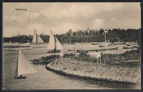 AK Berlin-Wannsee, Segelboote und Dampfer auf dem See