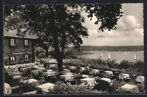 AK Berlin-Wannsee, Gaststätte Blockhaus Nikolskoe, Blick auf die Havel