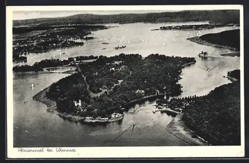 AK Berlin-Pfaueninsel bei Wannsee, Luftaufnahme der Insel und Umgebung