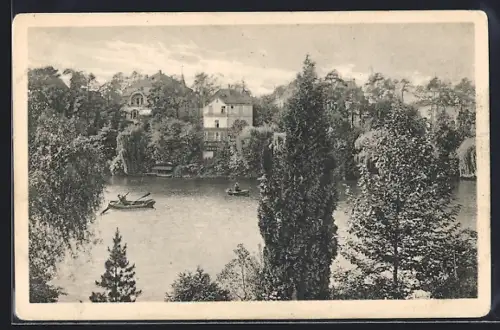 AK Berlin-Grunewald, Kolonie Grunewald am Königssee, Leute in Ruderbooten