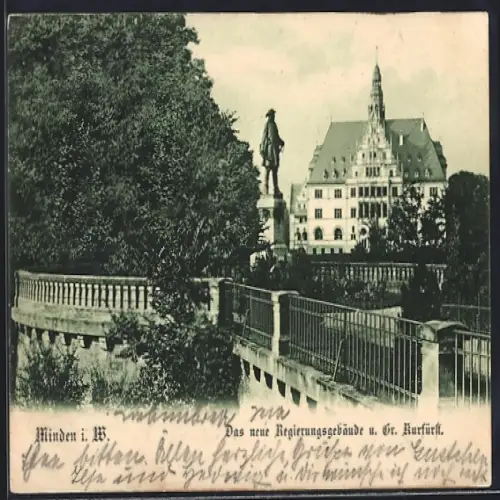 AK Minden i. W., Neues Regierungsgebäude und Statue Grosser Kurfürst