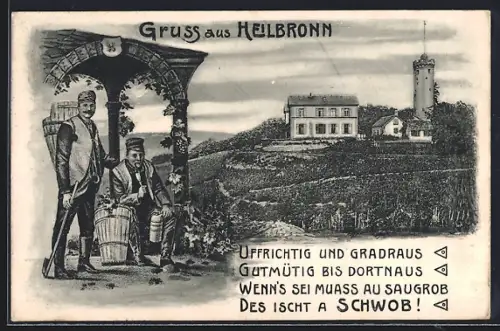 Künstler-AK Heilbronn, Ortspartie mit Turm, Zwei Schwaben nach der Weinlese, Spruch