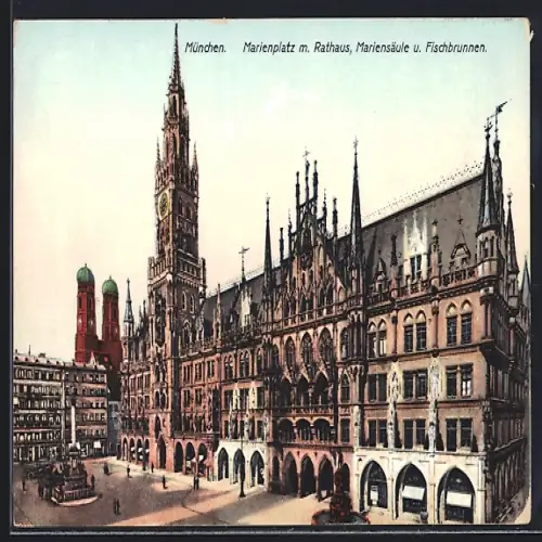 AK München, Marienplatz m. Rathaus, Mariensäule u. Fischbrunnen
