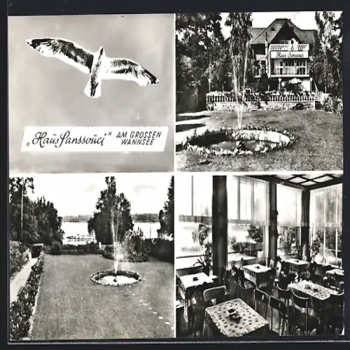 AK Berlin, Gasthaus Sanssouci, Am Grossen Wannsee 60, Inh. Hillbricht, Anlagen u. Speisesaal