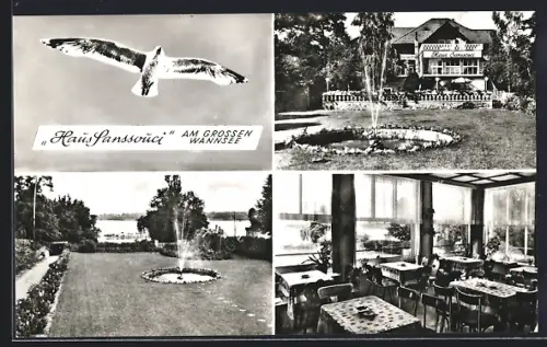 AK Berlin, Gasthaus Sanssouci, Am Grossen Wannsee 60, Inh. Hillbricht, Anlagen u. Speisesaal
