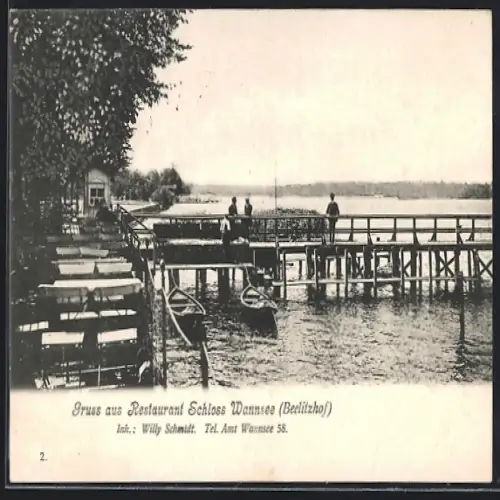 AK Berlin-Wannsee, Restaurant Schloss Wannsee mit Terrasse und Anleger