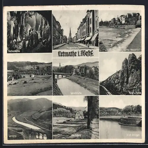 AK Letmathe i. Westf., Ortspartien Hagenerstrasse, Lennebrücke und Dechenhöhle