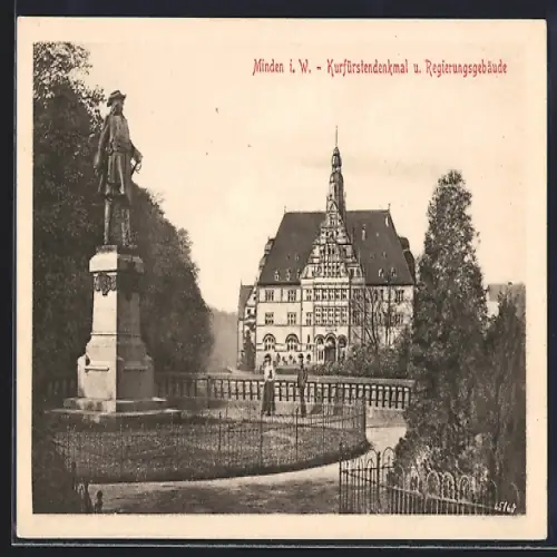 AK Minden i. W., Kurfürstendenkmal u. Regierungsgebäude
