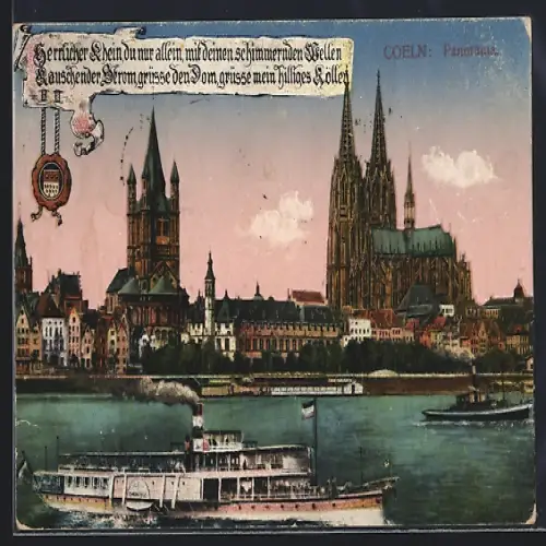 AK Coeln, Panorama am Rhein mit Dom und Dampfer