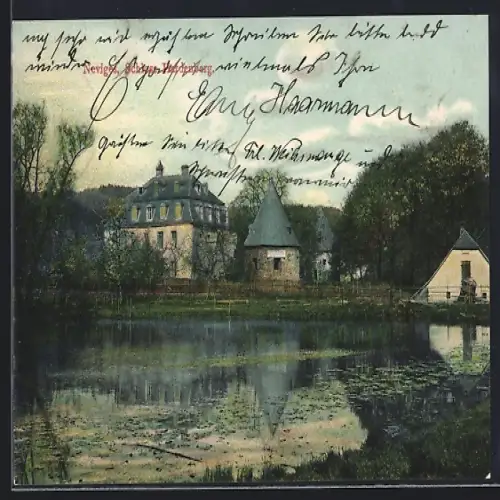 AK Neviges, Schloss Hardenburg mit Teich