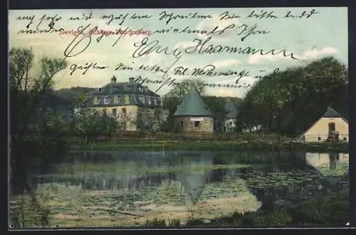 AK Neviges, Schloss Hardenburg mit Teich