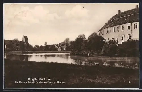 AK Burgsteinfurt i. W., Partie am Fürstl. Schloss u. Evangel. Kirche