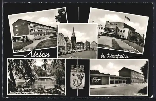 AK Ahlen / Westf., Ortspartien Neues Gymnasium, Postamt, Hallenbad und Marktplatz