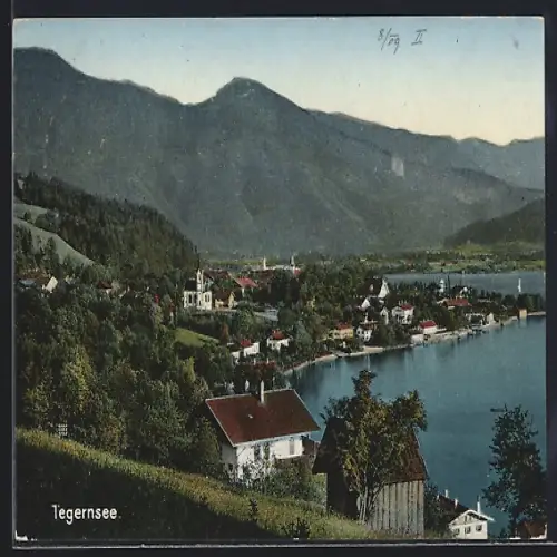 AK Tegernsee, Ortsansicht mit Bergen und See