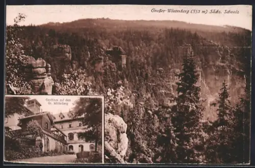 AK Bad Schandau i. Sächs. Schweiz, Gasthaus auf dem Gr. Winterberg, Felsformation