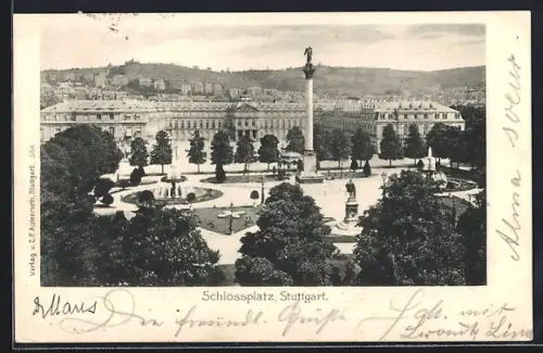 AK Stuttgart, Schlossplatz mit Denkmal