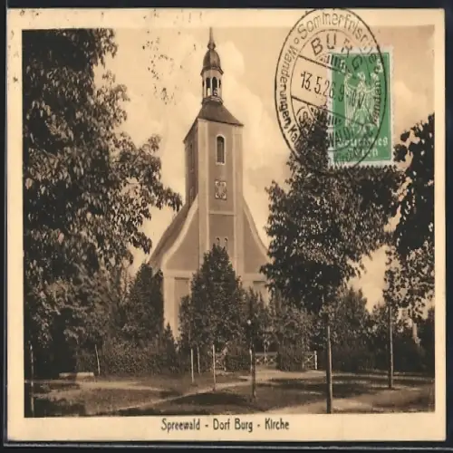 AK Burg / Spreewald, Strassenpartie mit Kirche