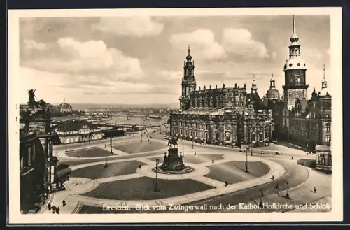 AK Dresden, Blick vom Zwingerwall nach der Katholischen Hofkirche und Schloss