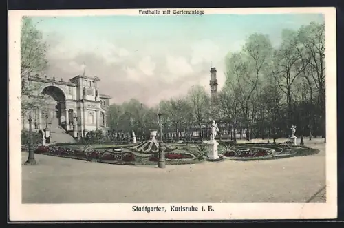 AK Karlsruhe i. B., Festhalle mit Gartenanlage im Stadtgarten