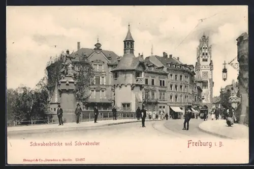 AK Freiburg i. B., Schwabenbrücke und Schwabentor mit Strassenbahn