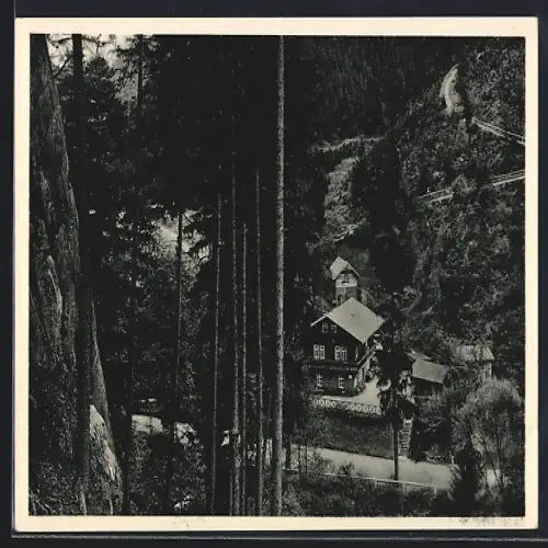 AK Schwarzatal /Thüringer Wald, Schweizerhaus mit Aufstieg zum Trippstein