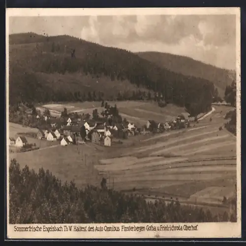 AK Engelsbach /Th. Wa., Teilansicht, Haltest. des Auto Omnibus Finsterbergen Gotha und Friedrichroda Oberhof