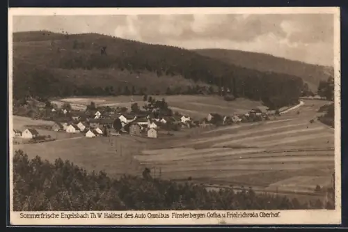 AK Engelsbach /Th. Wa., Teilansicht, Haltest. des Auto Omnibus Finsterbergen Gotha und Friedrichroda Oberhof