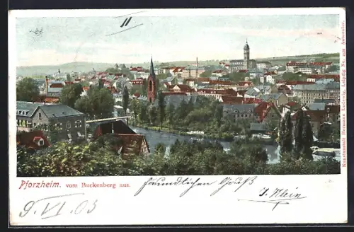 AK Pforzheim, Ortsansicht vom Buchenberg aus