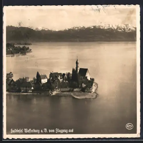AK Halbinsel Wasserburg a. B., Teilansicht mit Kirche, Fliegeraufnahme