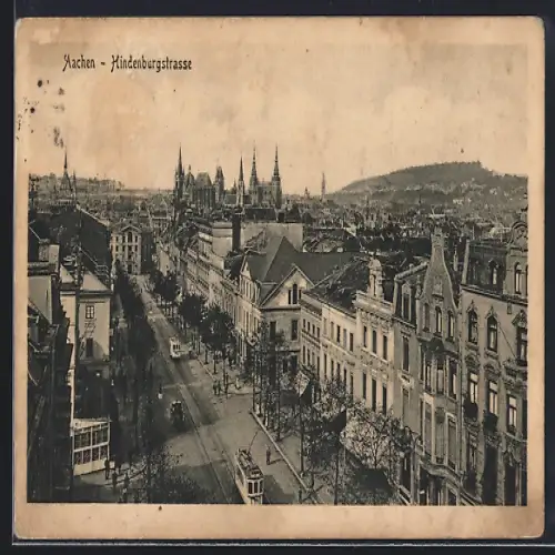 AK Aachen, Hindenburgstrasse mit Strassenbahnen aus der Vogelschau