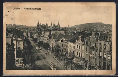 AK Aachen, Hindenburgstrasse mit Strassenbahnen aus der Vogelschau