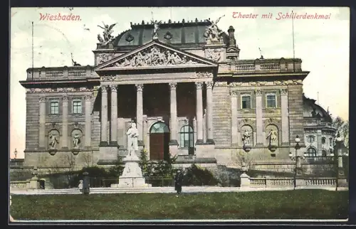 AK Wiesbaden, Theater mit Schillerdenkmal