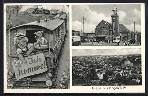 AK Hagen i. W., Teilansicht, Bahnhof mit Strassenbahn, Mädchen in Eisenbahn
