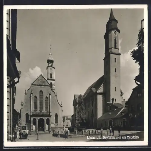 AK Lindau / Bodensee, Neptunbrunnen am Marktplatz