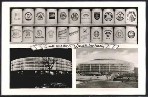 AK Dortmund-Rahm, Westfalenhalle bei Tag und bei Nacht, Bierkrugsammlung von Walter Dungs