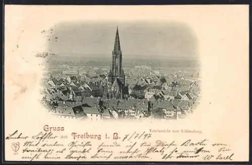 AK Freiburg i. B., Totalansicht mit Kirche vom Schlossberg aus