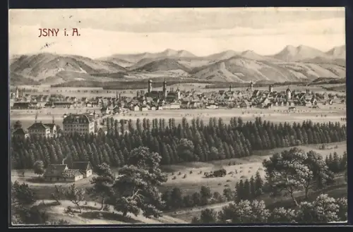 Künstler-AK Isny i. A., Teilansicht mit Bergen