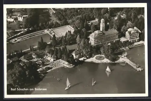 AK Bad Schachen am Bodensee, Strandpartie mit Hotel