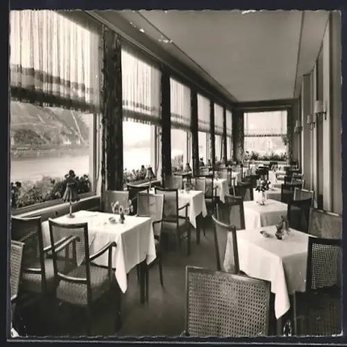 AK Bingen /Rhein, Hotel Schöneck, Blick von der Terrasse nach dem Binger Loch