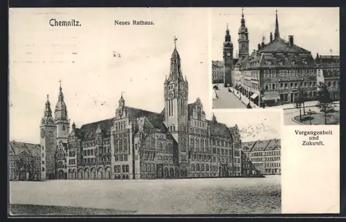 AK Chemnitz, das neue Rathaus mit Vorplatz, Vergangenheit und Zukunft