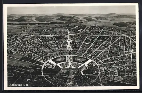 AK Karlsruhe i. B., Teilansicht mit Schloss und Strassenpartie