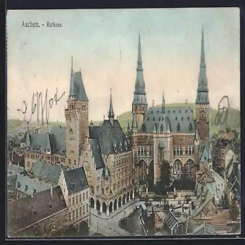 AK Aachen, Rathaus aus der Vogelschau