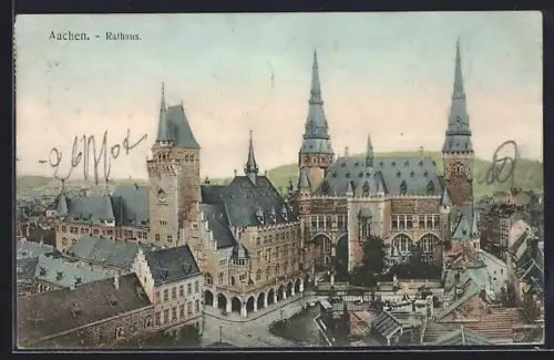 AK Aachen, Rathaus aus der Vogelschau