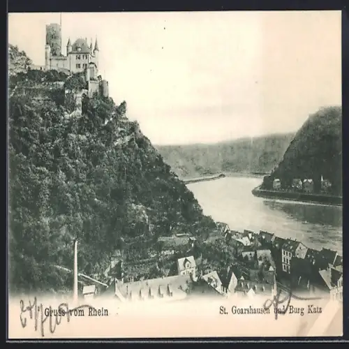 AK St. Goarshausen /Rhein, Teilansicht und Burg Katz