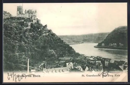 AK St. Goarshausen /Rhein, Teilansicht und Burg Katz