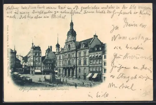 AK Pforzheim, Rathaus mit Marktplatz