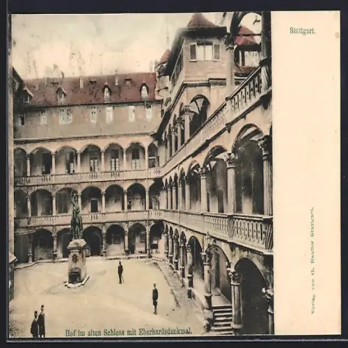 AK Stuttgart, Hof im alten Schloss mit Eberhardsdenkmal