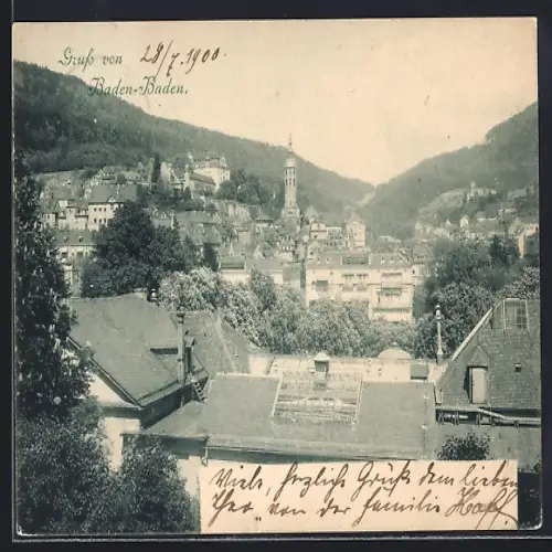AK Baden-Baden, Ortsansicht über die Dächer